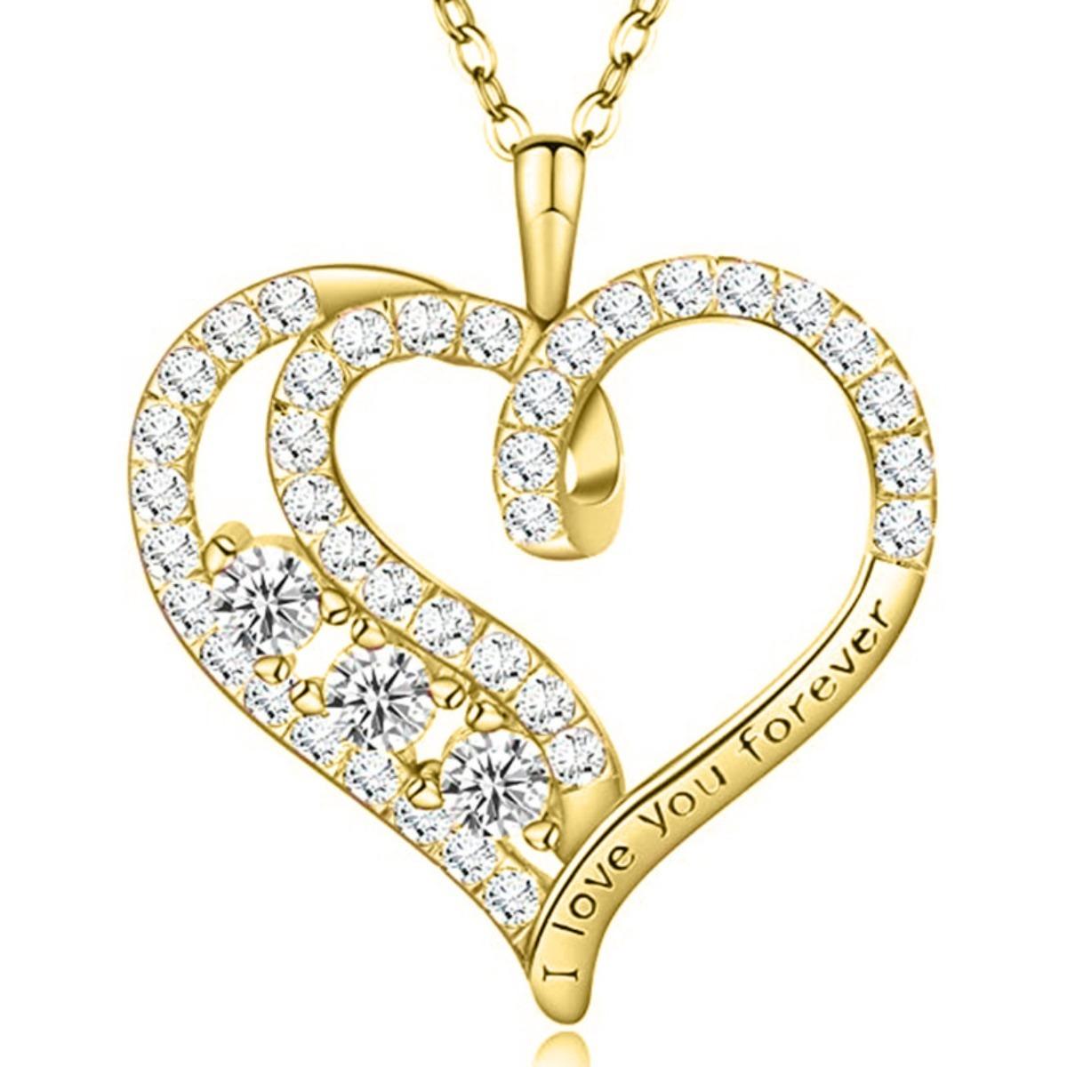 Interlocking Hearts Cubic Zirconia Pendant Necklace with Engraved Quote