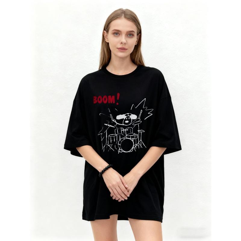 Oversized T-Shirt Black Drummer Cartoon Print BOOM Text Graphic Tee Casual Streetwear for Women and Men