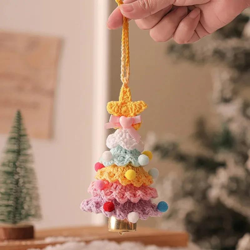 Knitted Christmas Tree with Jingle Bell Plush Christmas Hanging Pendant Wool Crochet Tree for Christmas Party Decor
