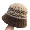 Retro Jacquard Versatile Winter Warm Wool Knit Bucket Hat Face-Slimming Fisherman Cold Weather Hat for Women Casual Round Hat