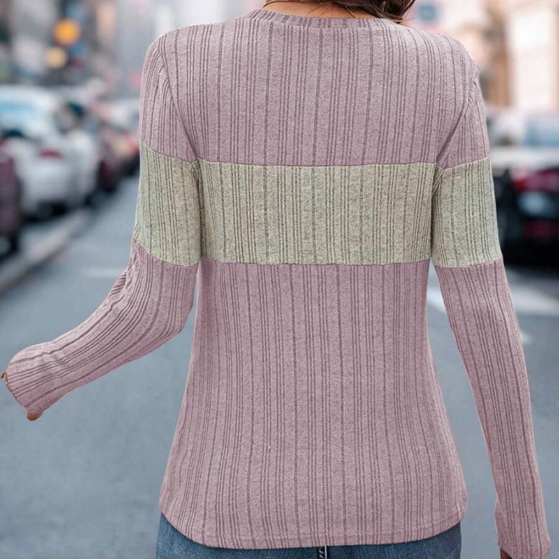 Ladies Autumn Winter Long Sleeve O Neck Ribbed Color Block Loose Pullover T Shirt Top