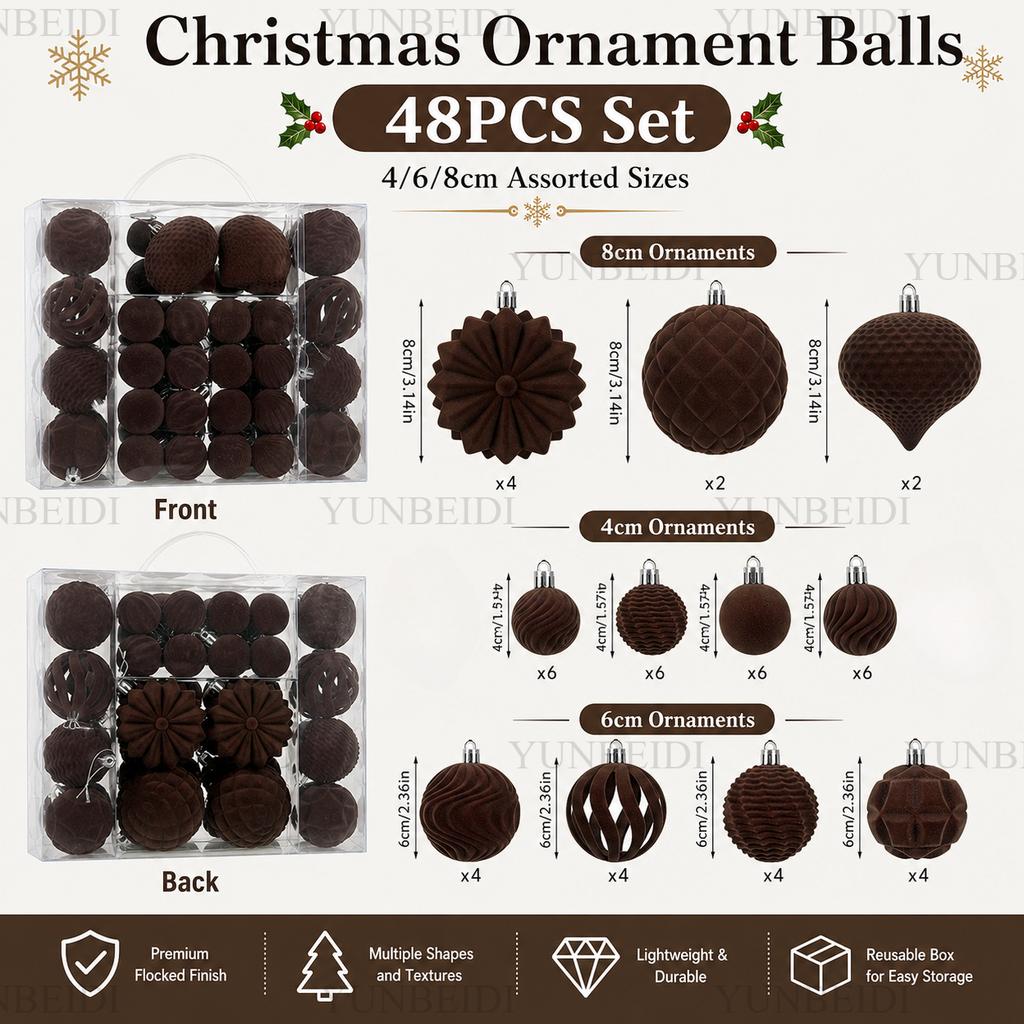 Velvet Christmas Ornament Balls Set 48PCS Plastic Flocked Baubles DIY Christmas Tree Decor Holiday Home Party Hanging Decor