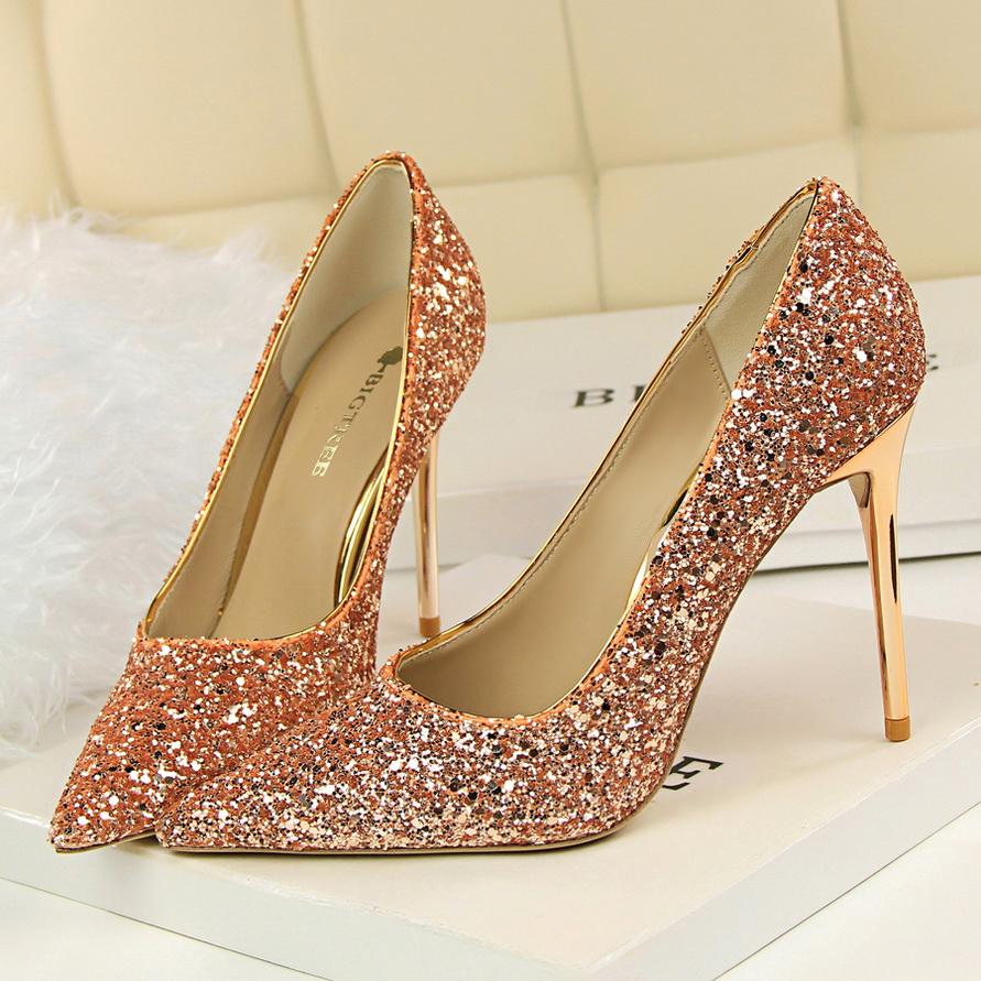 Fashion 2025 Women 9.5cm High Heels Plus Size 43 Stripper Glitter Scarpins Luxury Pumps Stiletto Wedding Bridal Gold Silver Fetish Shoes