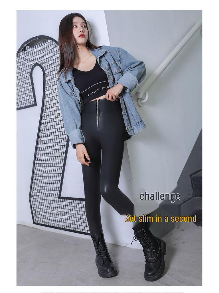 Women's High-Waisted Zipper Matte Leather Leggings - Fleece-Lined, Elastic, Slimming (Autumn/Winter 2020)