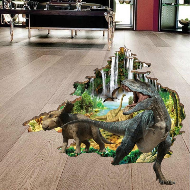 3D Broken Wall Dinosaur Animals Floor Wall Stickers for Living Rooms Children's Play Room Bathroom Home Decoration Wall Art Decals