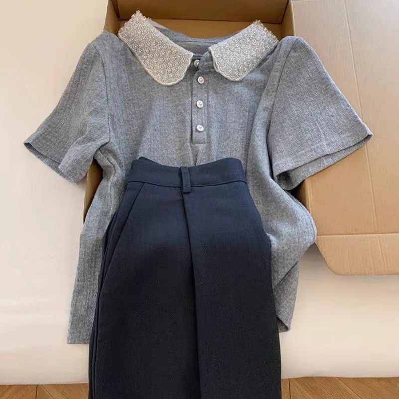 Tricou elegant cu mânecă scurtă și guler polo cu mărgele pentru femei, bluză elegantă de vară