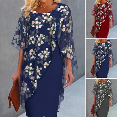 Women Dress Flower Print Fake Two-piece Irregular Sheath Round Neck Chiffon Patchwork Half Sleeves OL Commute Formal Party Prom Midi Dress