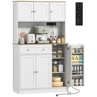 Tall Kitchen Buffet, Kitchen Cabinet, Charging Station, 6 Doors, Worktop, Spice Rack, 100x40x173cm, White