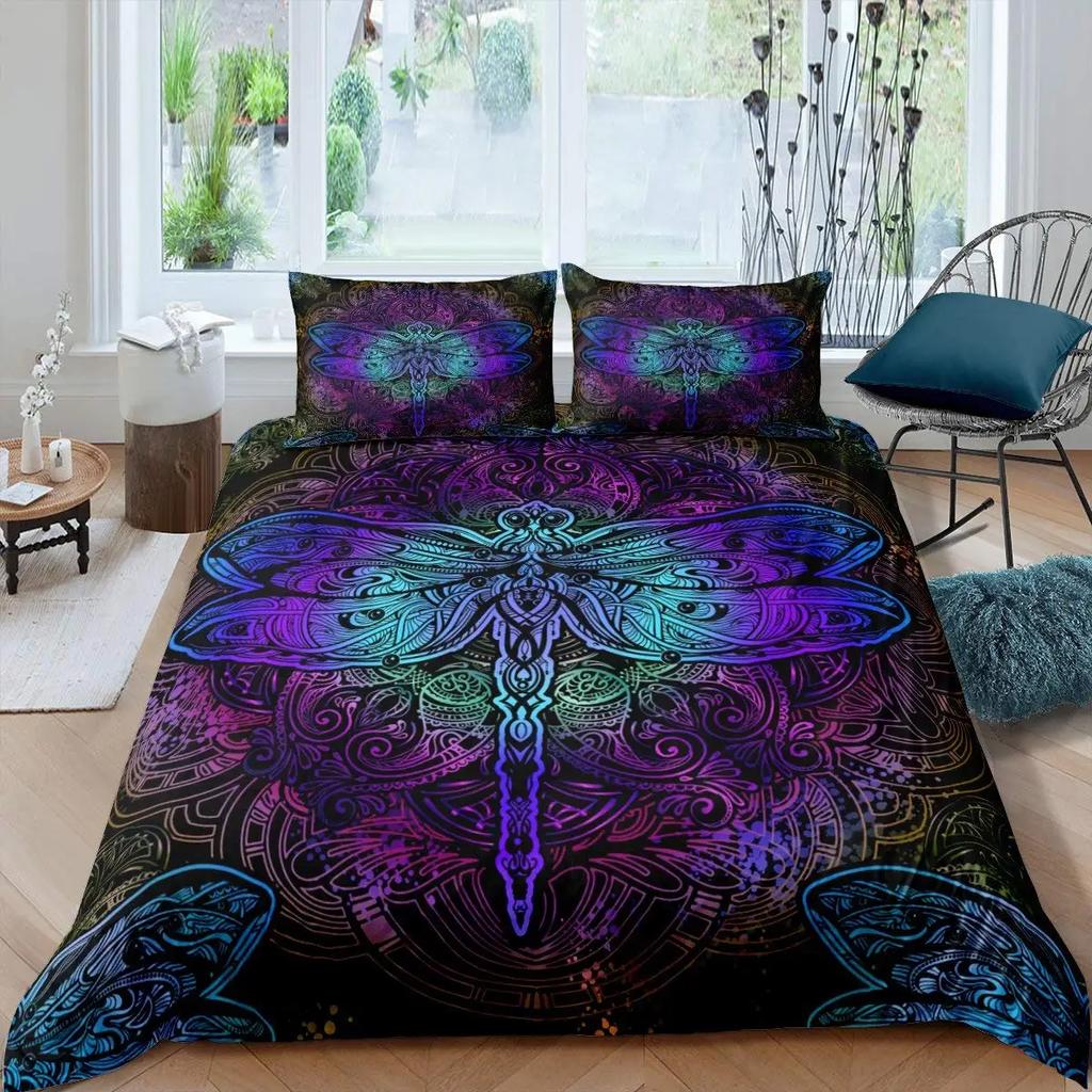 Böhmische Libelle Bettbezug-Set King Size Mandala Paisley Bettwäsche-Set Lila Batik Irisierend Hippie Polyester Steppdeckenbezug