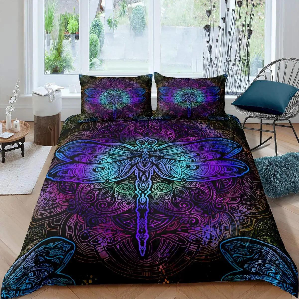 Bohemian Libelle Dekbedovertrek Set King Size Mandala Paisley Beddengoed Set Paars Tie Dye Iridescent Hippie Polyester Dekbedovertrek 140x200cm 3pcs