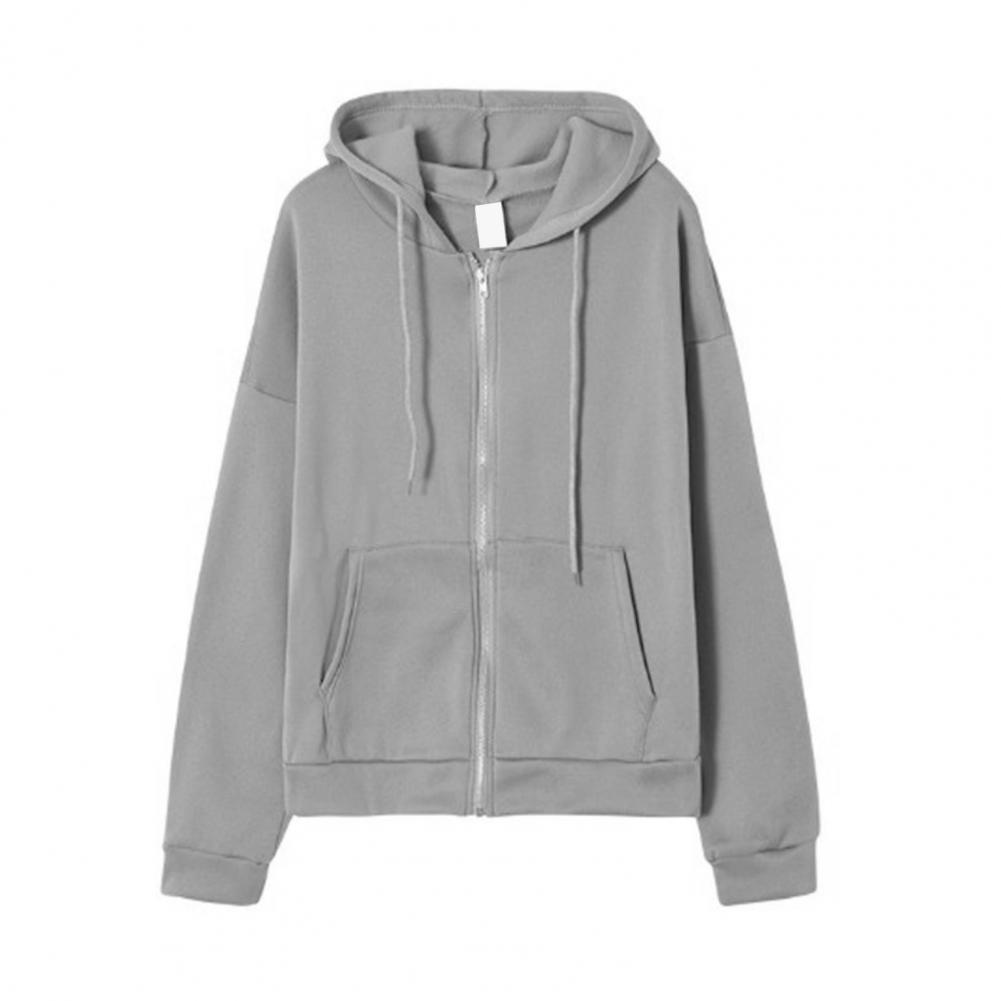 Ladies Fall Winter Coat Solid Color Loose Zip Up Pockets Long Sleeve Drawstring Hooded Elastic Cuff Lady Hoodie Jacket
