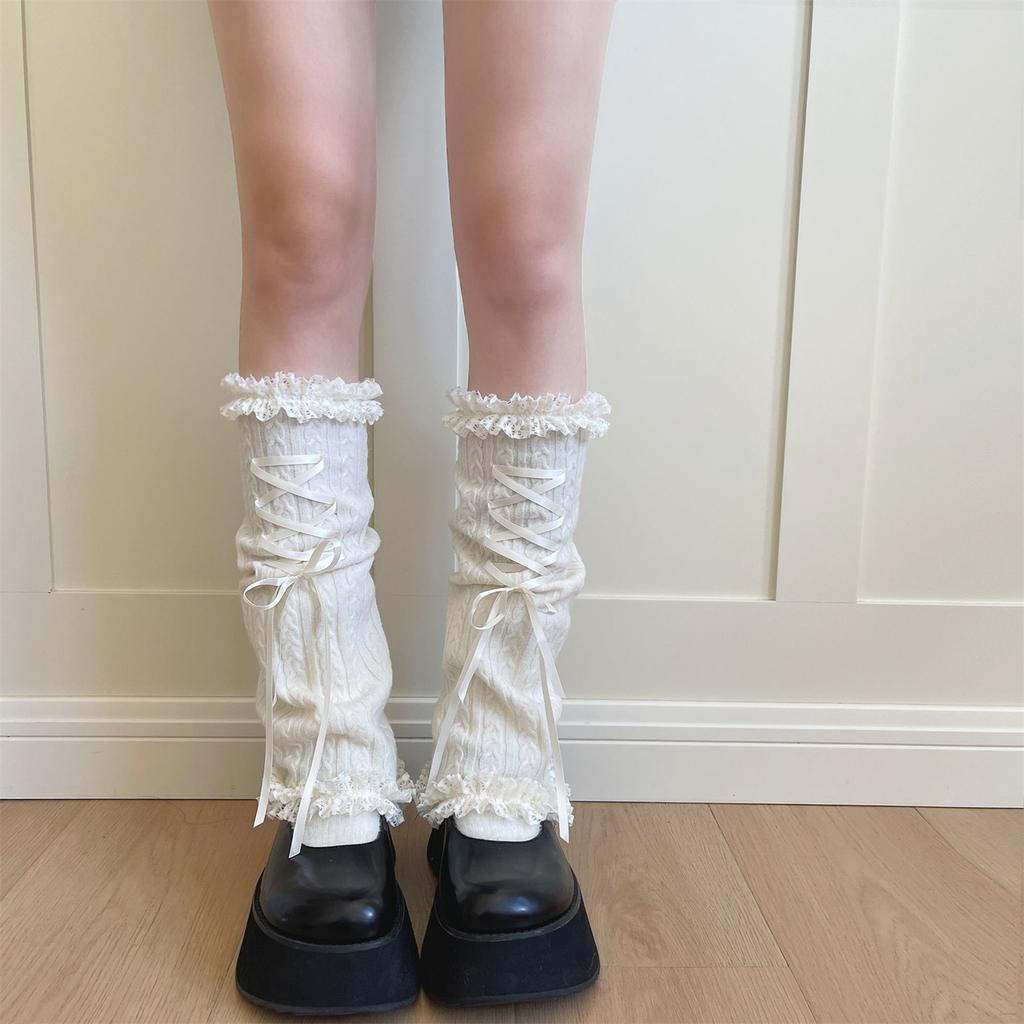 Winter Warm Knitted Leg Warmers Women Lolitas Harajuku Leg Covers Bowknot Flared Ruffle Trim Knee Highs Socks Leg Sleeves