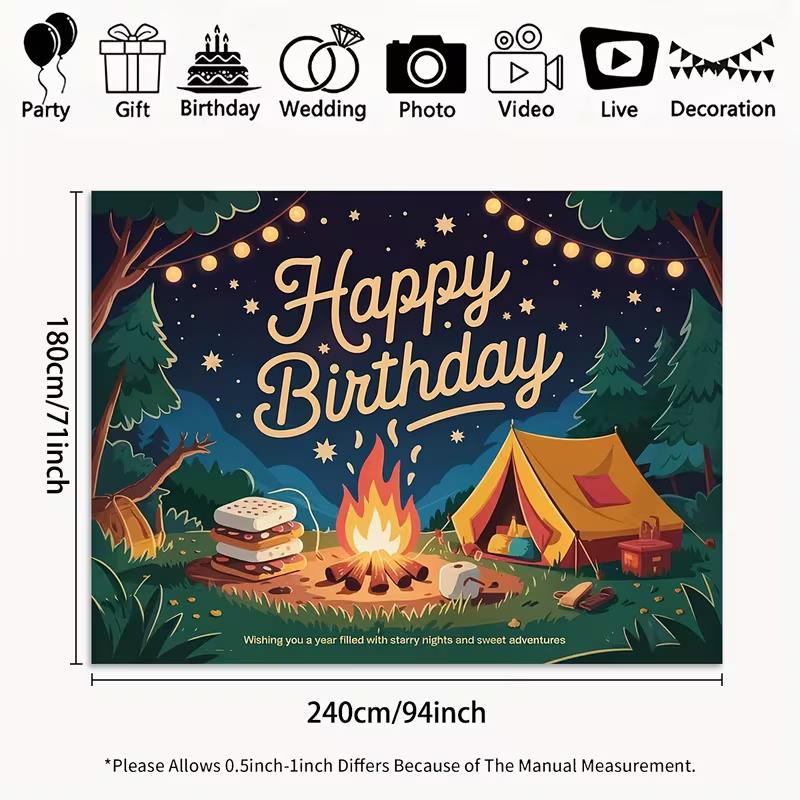 2D Cartoon Campfire Tent Birthday Backdrop Starry Night Outdoor Theme Party Decor Background