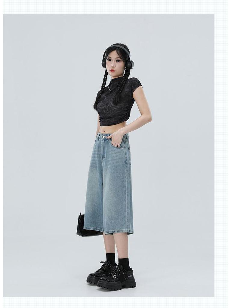 2025 Spring/Summer Women's High-Waisted Wide-Leg 7/8 Jeans - Slimming Straight-Leg, Versatile American Style