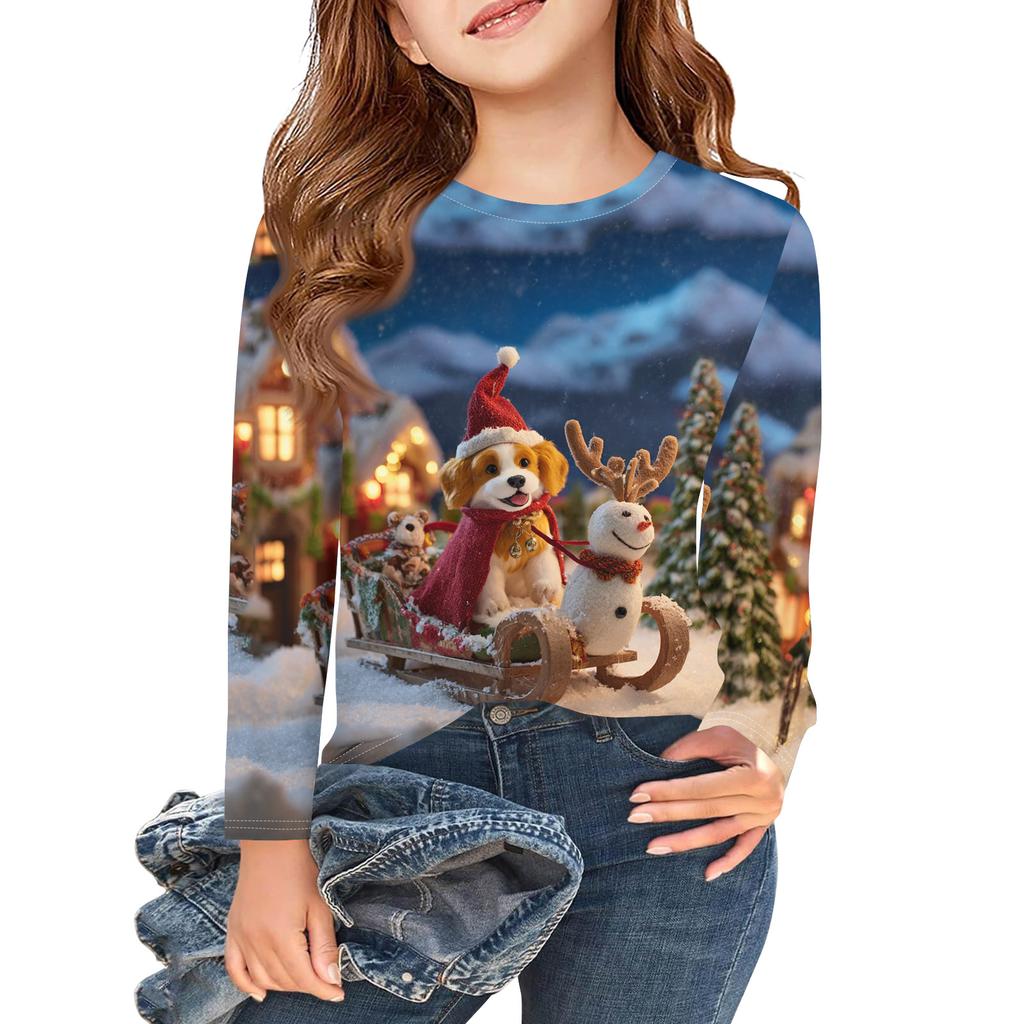 Christmas Day Girls Long Sleeve T Shirts Kids Fall Tops Crewneck Printed Basic Tees