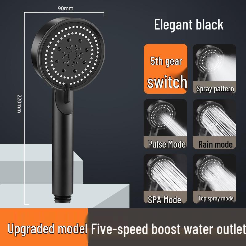 Black Warrior Handheld Shower Head: Five-Function High Pressure Booster for Powerful Bathing Experience.