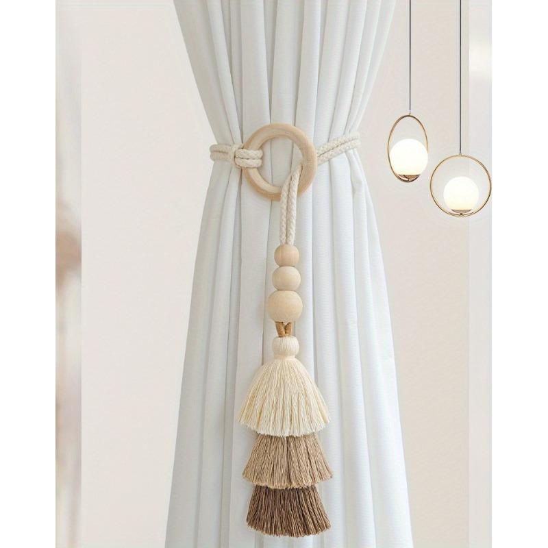 2pcs Bohemian Handmade Tassel Curtain Tiebacks with Wooden Beads - Polyester, Modern Boho Style Window Drape Holdbacks for Home Decor