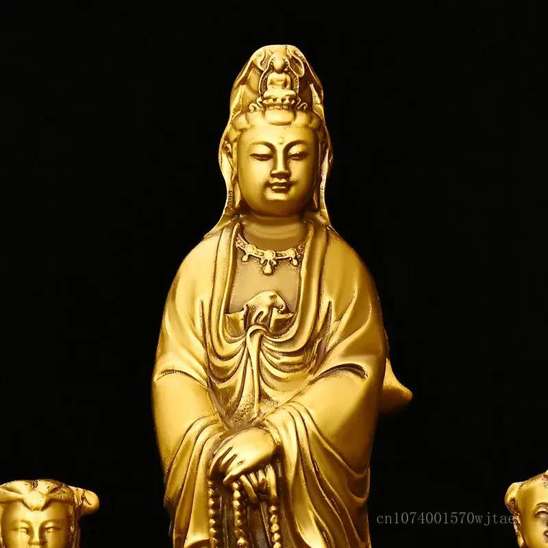 Copper Avalokitesvara Buddha statue the golden child and the jade girl offering ornaments home furnishing Buddha sculptures, 1Pc