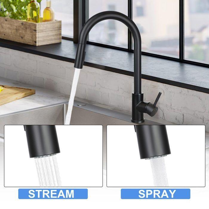 Robinet de cuisine - NETTLIFE - Modèle standard - Noir inox - Douchette extensible 360° - 2 jets