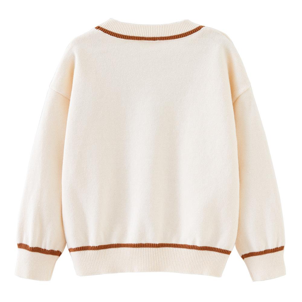 Spring and Autumn Bear Embroidery V-Neck Contrast Color Knitted Cardigan Long Sleeve Cartoon Boy Sweater Jacket