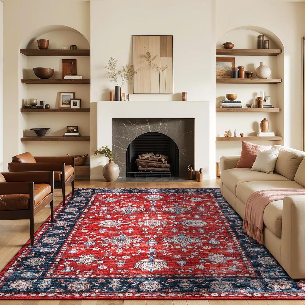 Area Rugs for Living Room, Machine Washable Vintage Rug, Non-Slip Low Pile Throw Rugs with Rubber Backing Washable Carpet