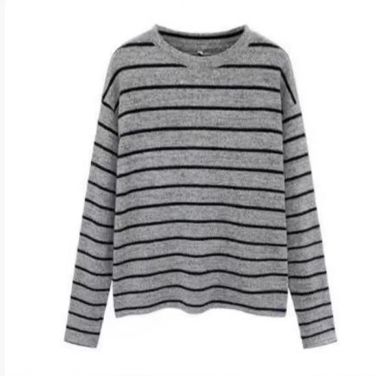 Korean polished crew neck striped long-sleeved T-shirt women's autumn and winter loose knitted sweater niche inner bottom top