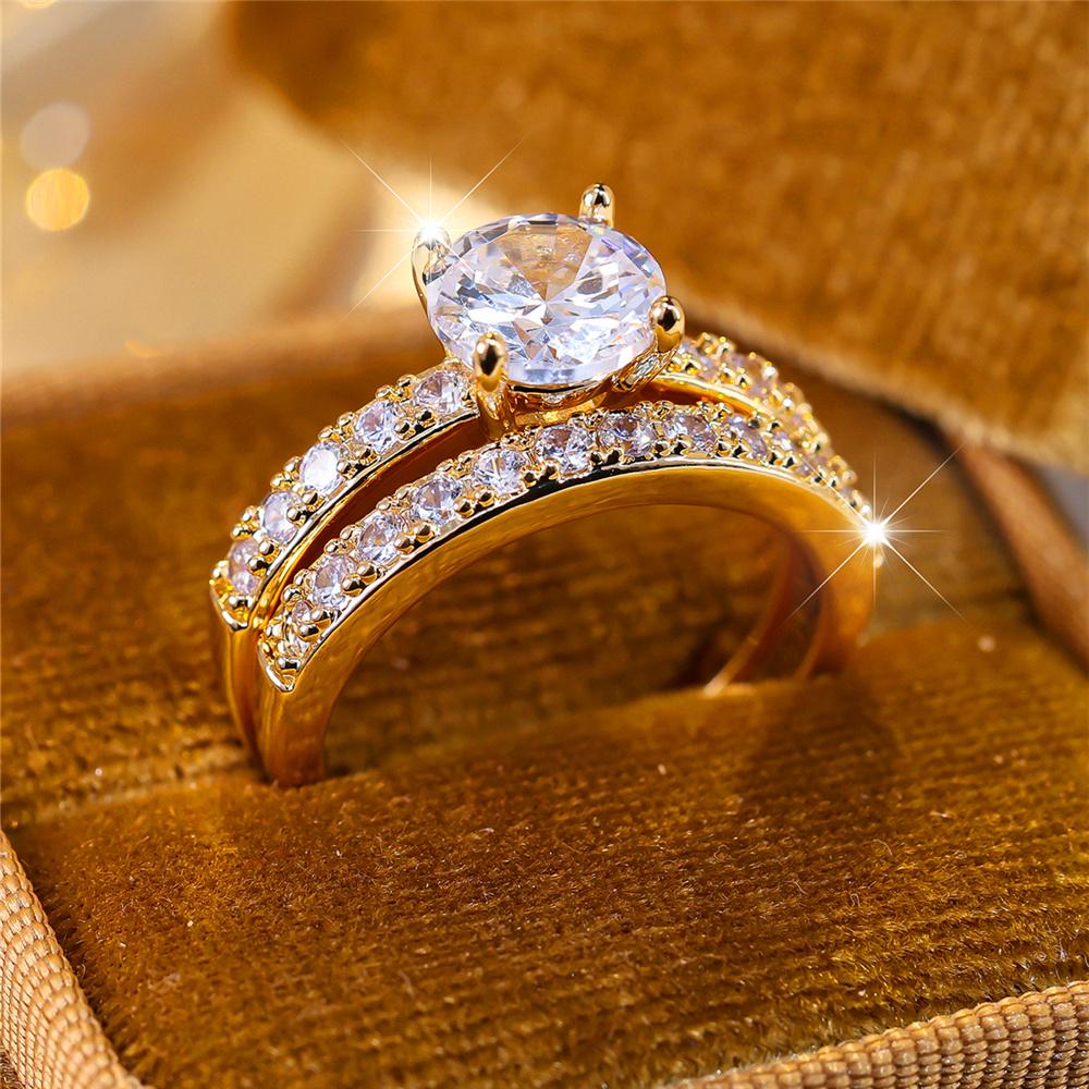 Crystal Female White Zircon Round Stone Ring Set Fashion Vintage Gold Color Bridal Wedding Engagement  For Women