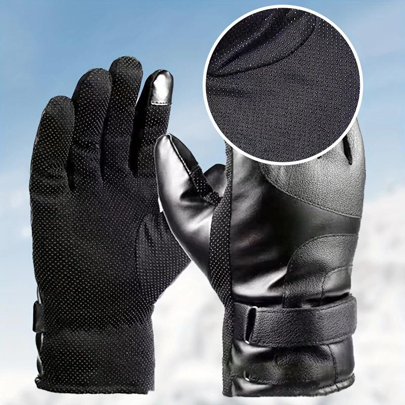 WTEMPO 1Pair Men's PU Cold-proof Windproof Full Finger Gloves Winter Outdoor Riding Cycling Fleece Thickened Black Touch Screen Gloves