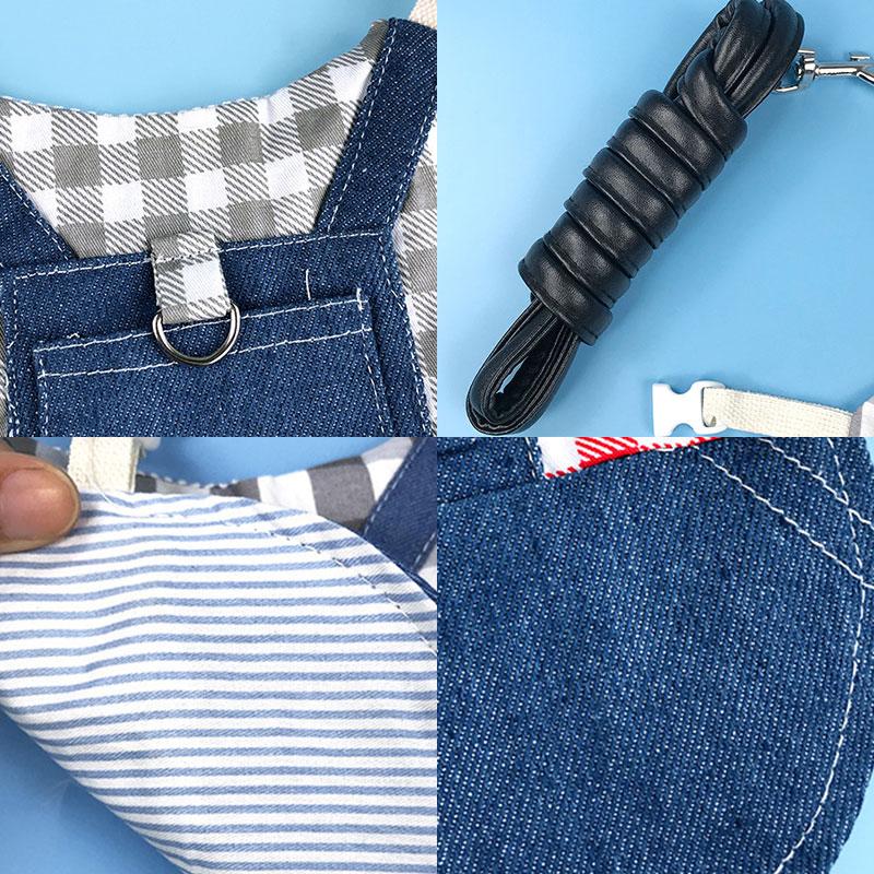 Pet Leashes Plaid Denim Rabbit Clothes Rabbit Dwarf Cowboy Clothing With Traction Rope Denim Clothes For Small Pets