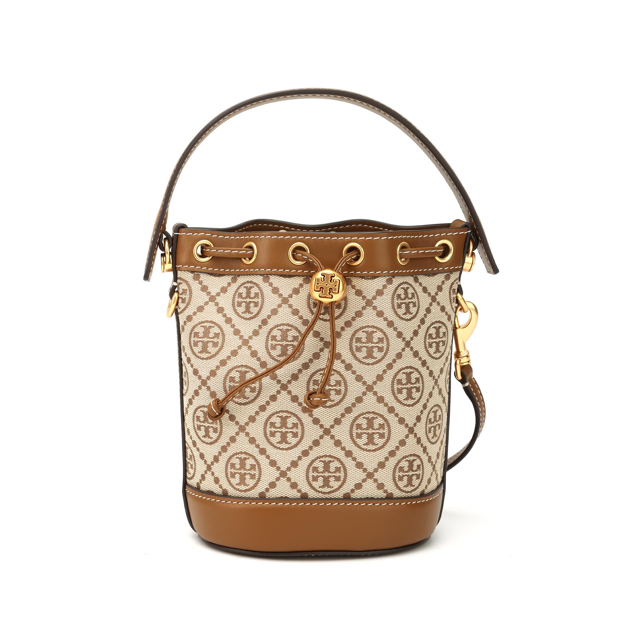 

Tory Burch T Monogram Brand Iconic Double T Logo Woven Jacquard With Leather Trim Bucket Bag Women Handbags Hazelnut-Brown 87961-371 Basic Set (Bag+Dust Bag)