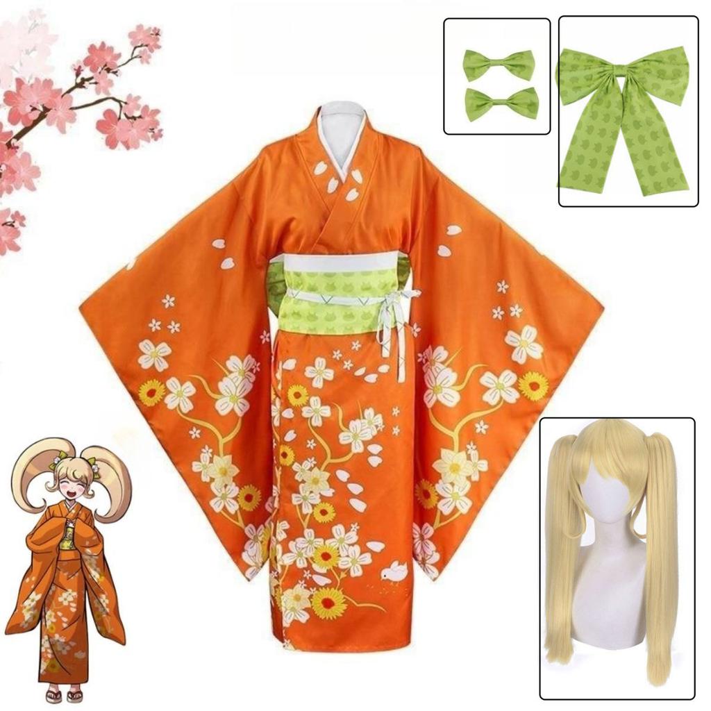 Danganronpa 2 Hiyoko Saionji Cosplay Kostuum Kimono Volwassen Vrouwen Oranje Jurk Halloween Carnaval Kleding Kostuums