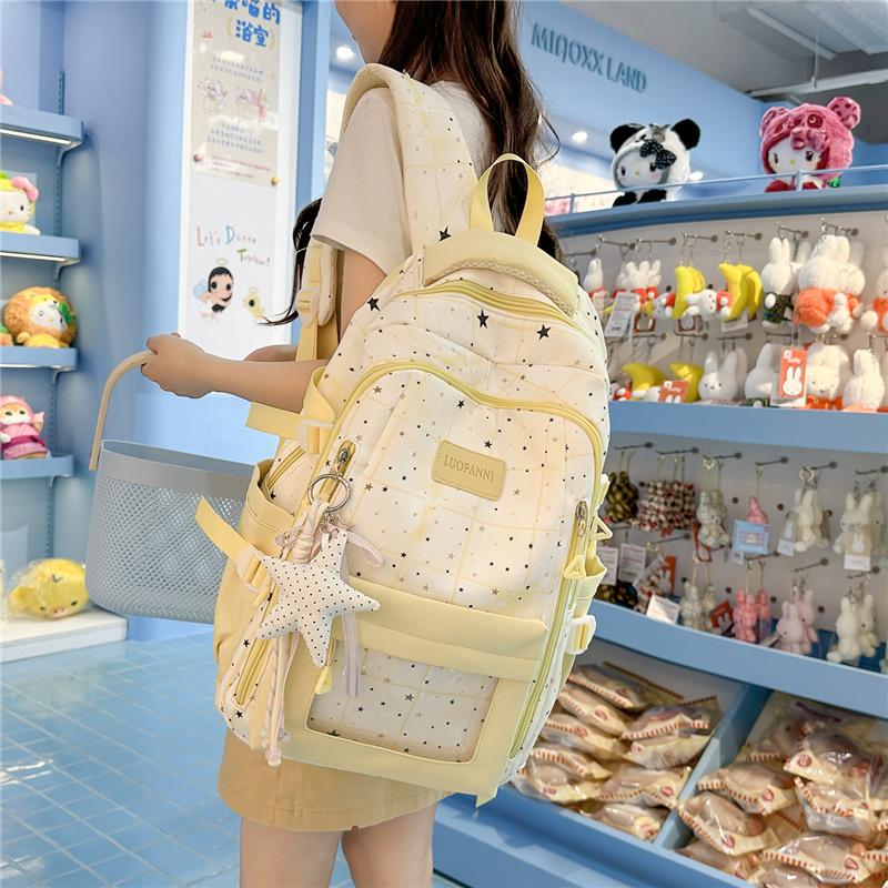 Cute Star Print School Backpack Lightweight Nylon Zipper Daypack with Clear Pocket for Teen Girls Daily Travel