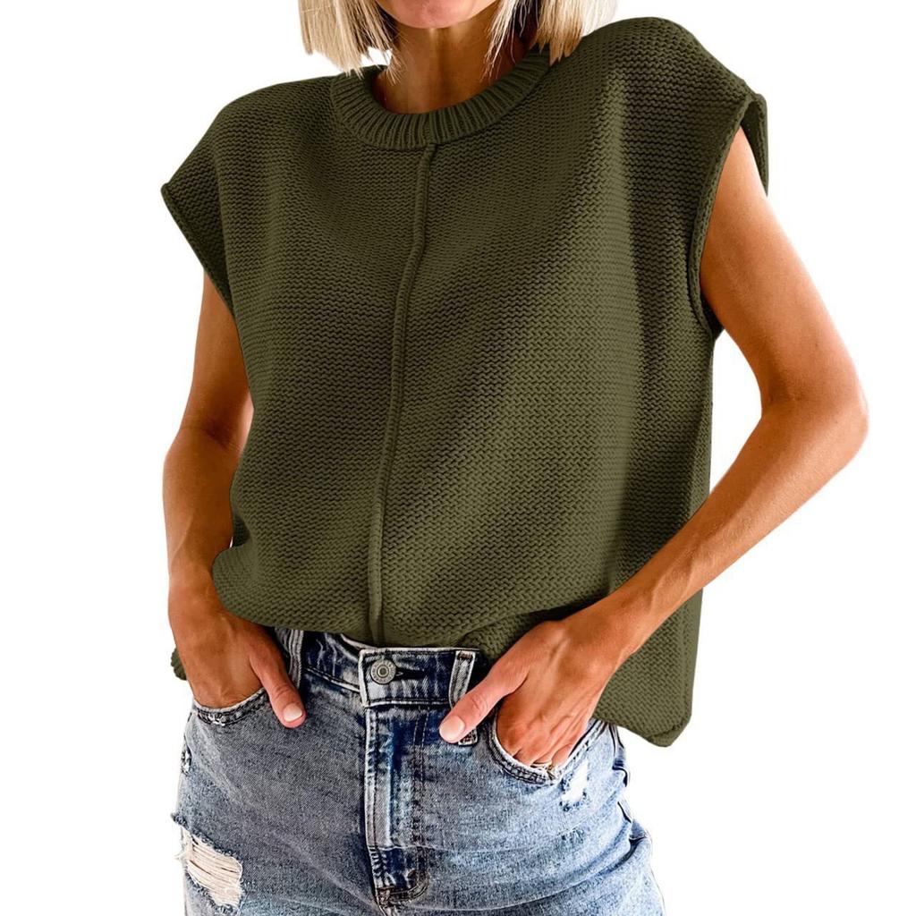Damen ärmelloses Oberteil Mode lässig Rundhalsausschnitt locker gestrickter Pullover Weste für Damen