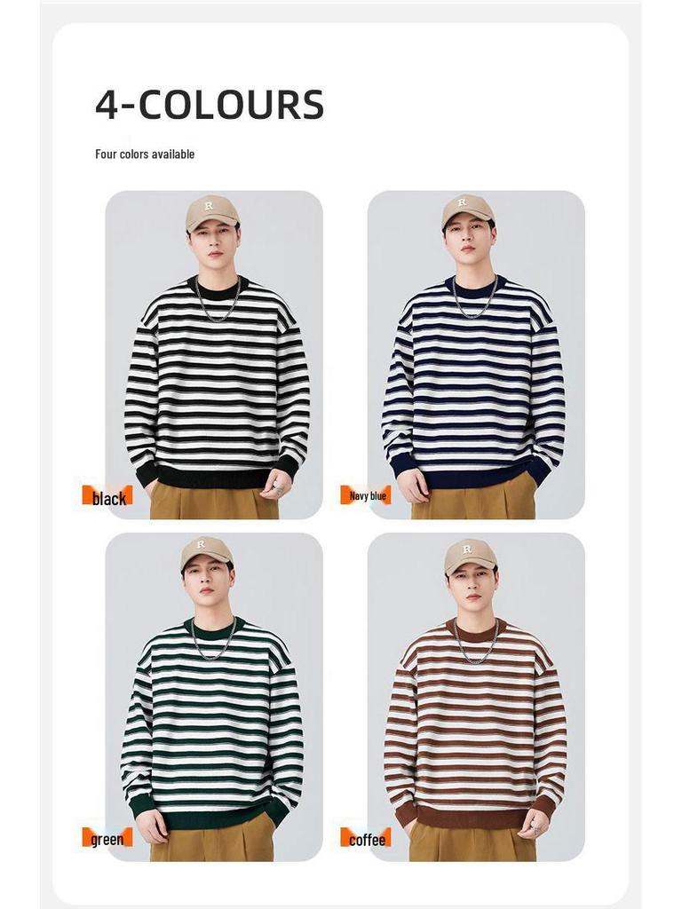 Shanggu Men's Autumn Anti-Pilling Striped Sweater | Round Neck Loose Knitwear