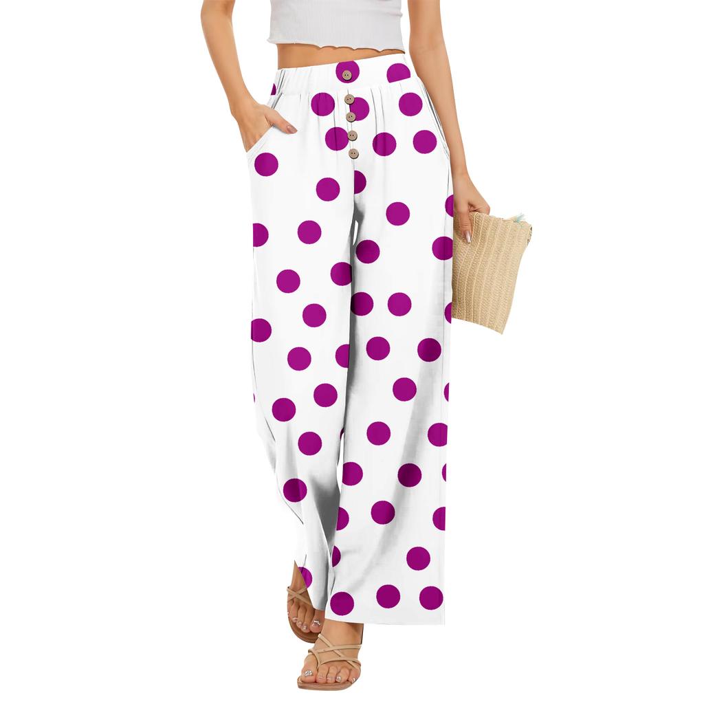 Calças Largas Femininas com Estampa de Bolinhas e Cintura Elástica com Botão e Bolsos para Uso Casual de Verão