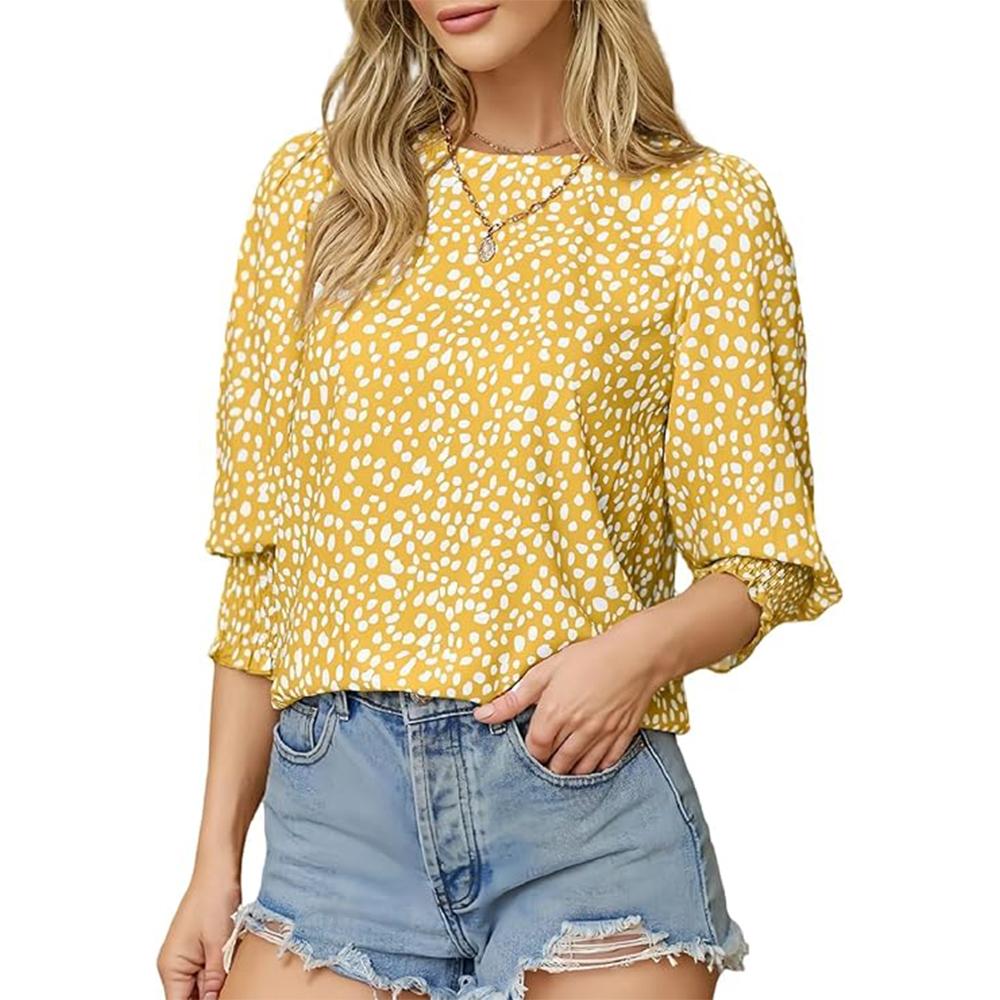 

Длина рукава 3/4 женские топы с круглым вырезом свободного кроя блузки в горошек нарядные повседневные рубашки из шифона 2XL