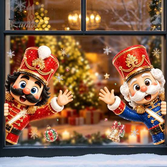Removable PVC Clings Christmas Static Window Clings, Glass Decals, Snowman Santa Reindeer Nutcracker Seasonal Home Decor with Snowflakes, Reusable