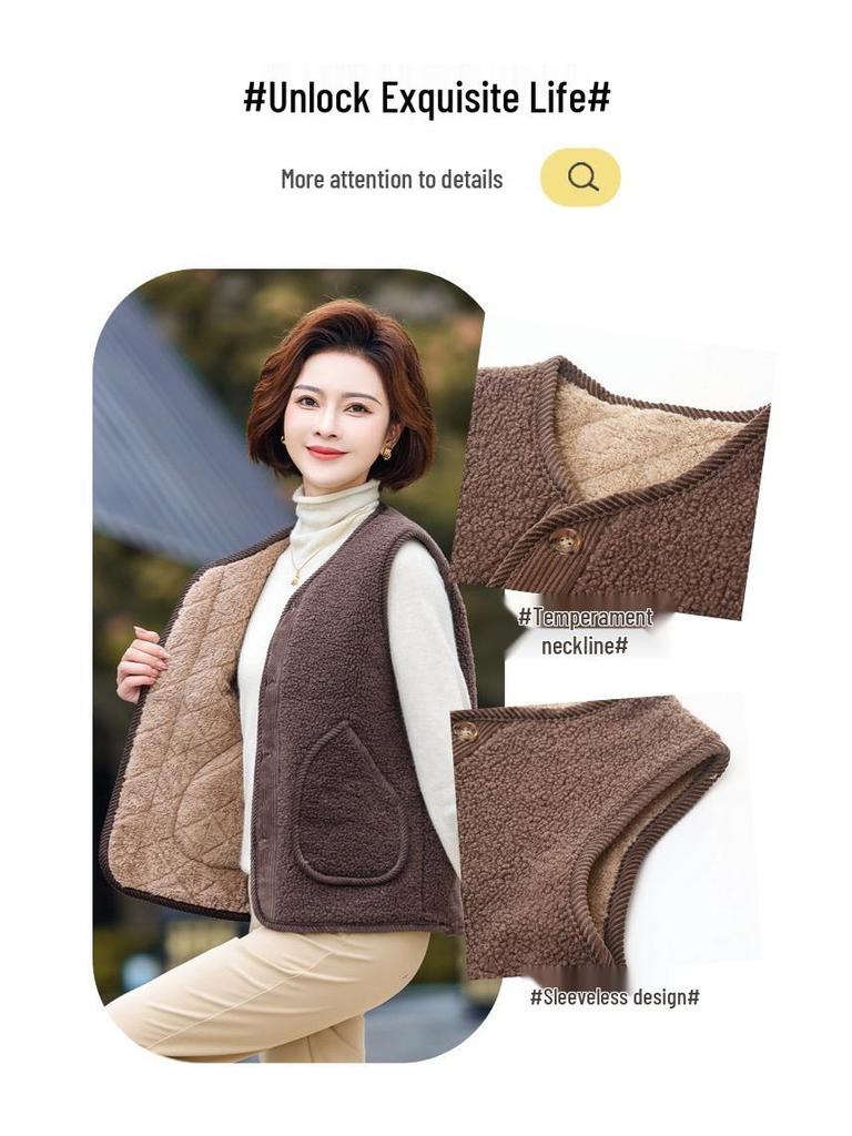 Women's Granular Fleece Vest for Middle-Aged & Elderly - Coffee Color, Sleeveless, Plus Velvet for Spring, Autumn, and Winter