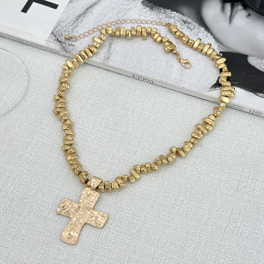 Hip Hop Metal Conch Cross Necklace, Irregular Baroque Beaded Imitation Pearl Necklace