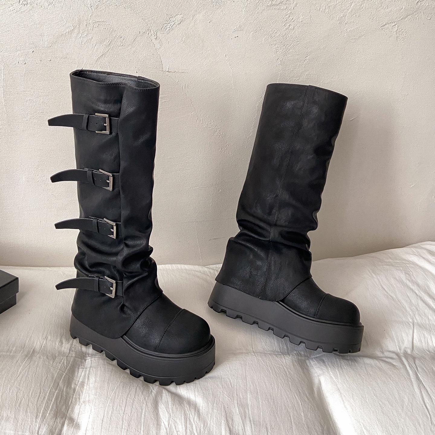 

Ботинки Spice Girl на платформе, увеличивающие рост, в стиле пустоши, осенне-зимние новые ботинки на танкетке с плиссированной голенищем, высокие ботинки-брюки, женские Merad 40 чёрный