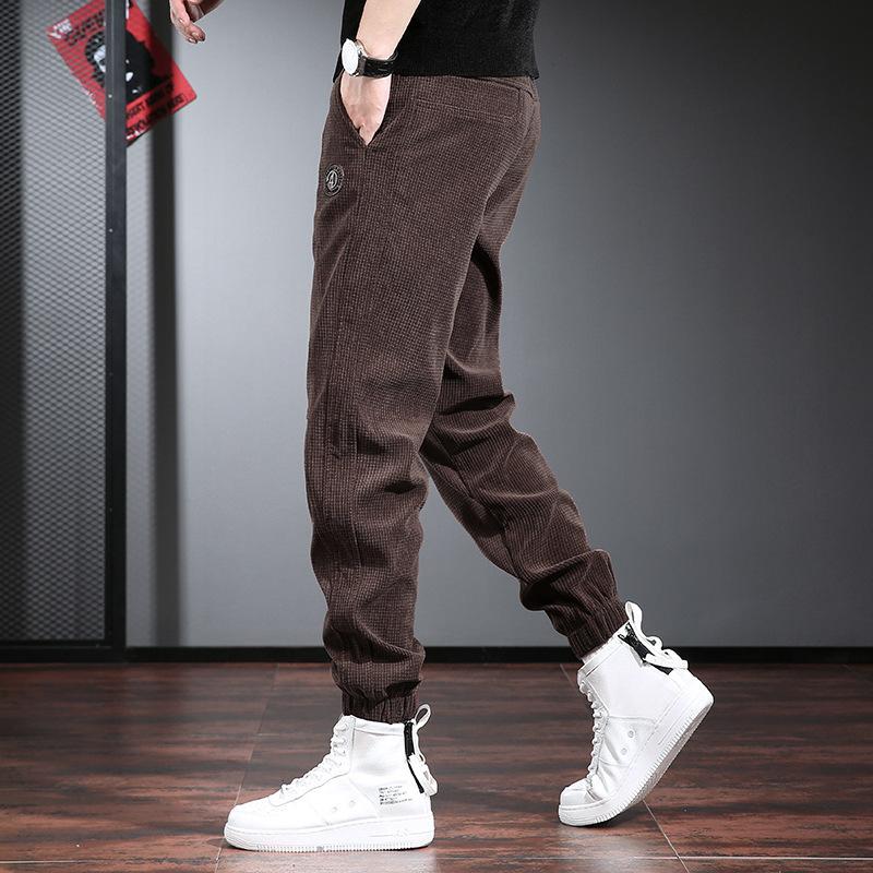 Brown casual pants men's trendy brand loose leggings spring and autumn new plaid corduroy pants men's velvet