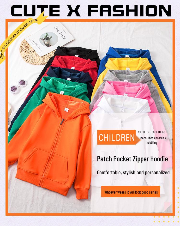 Children's Fleece Lined Zip-Up Hoodie with Patch Pockets - Solid Color, Customizable for School or Class Uniforms
