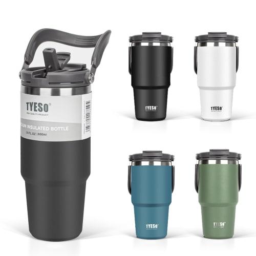 TYESO 600ml Tumbler with Straw, Coffee/Water Bottle, Thermos, Insulated, Handled, Vacuum Insulated, Double-Walled Wall, Wide Mouth, Large Capacity, Di