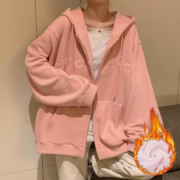 Women's Plus Size Velvet-Lined Embroidered Hooded Sweatshirt - Cozy Autumn/Winter Loose Fit Zipper Cardigan