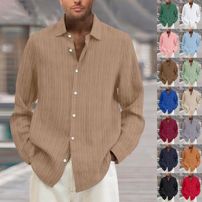 Four Seasons Long Sleeve Lapel Loose Button Cotton Stripe Cardigan Shirt Man