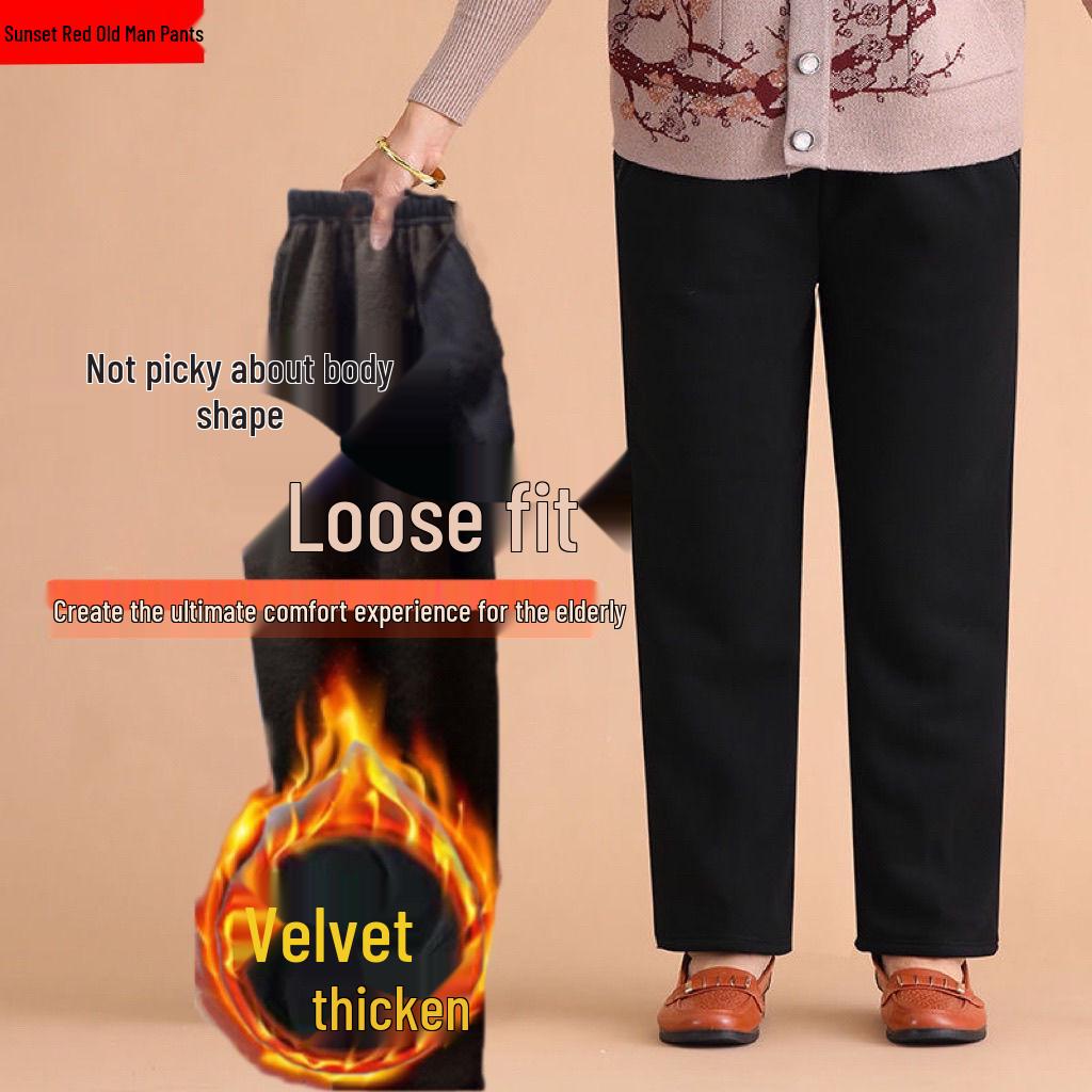 Mom's Fleece-Lined High Waist Warm Pants for Elderly – Loose Fit, Straight Leg Trousers for Spring & Autumn