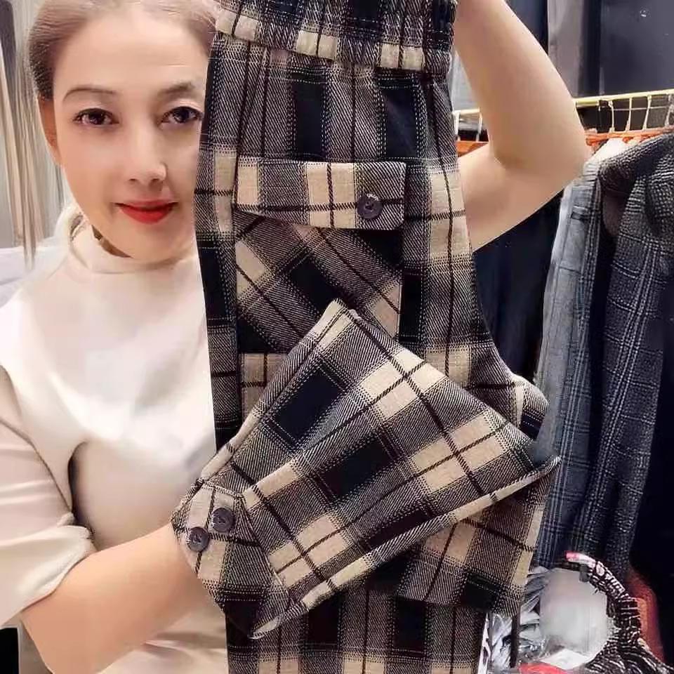 

Женская весна осень корейская мода леггинсы брюки одежда винтажная клетчатая повседневная уличная одежда шаровары карман свободные брюки S хаки