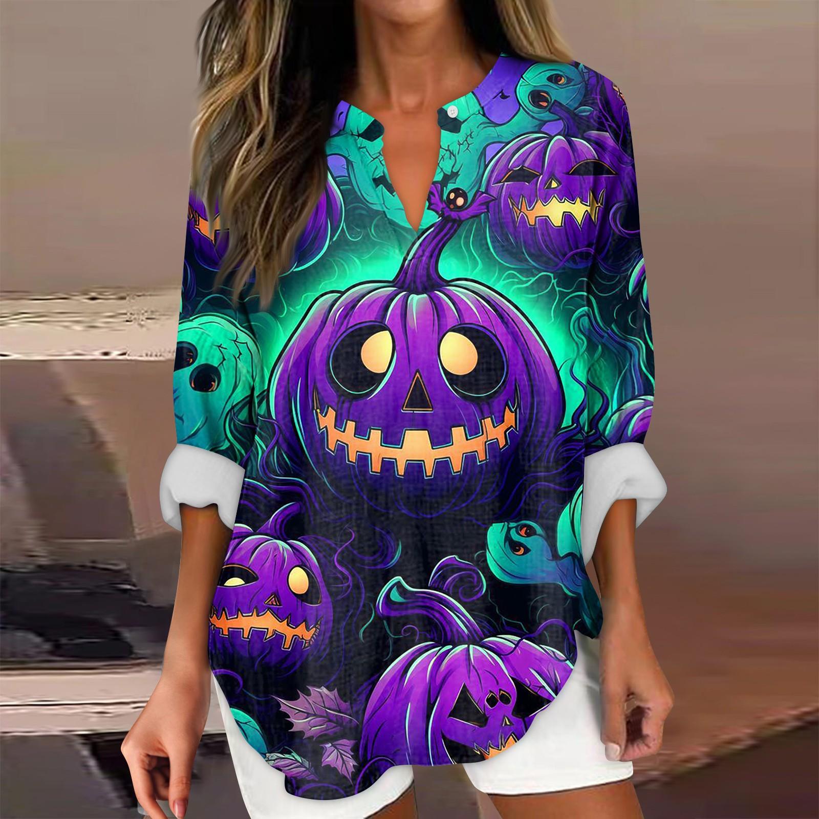 

Женские модные повседневные женские топы с v-образным вырезом и длинным рукавом с принтом на Хэллоуин S фиолетовый