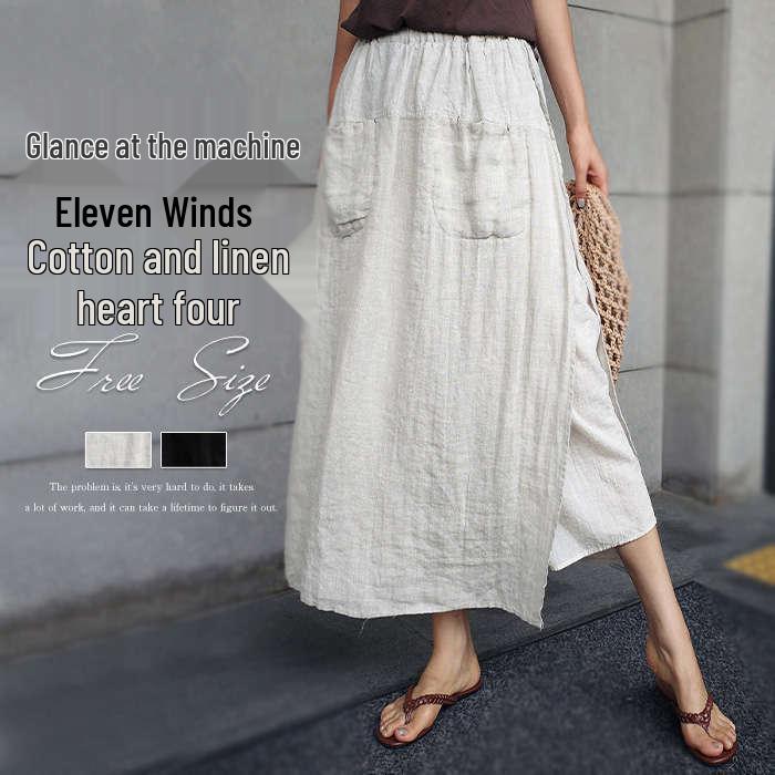 Women's Cotton Linen Wide-Leg Skirt Pants - Large Slit, Casual, Loose Fit, Nine-Point Length for Spring and Summer