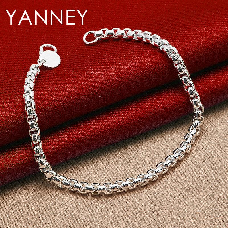 

925 Sterling Silver 8 Inches 4MM Round Box Chain Bracelet for Women Men Fashion Charm Wedding Engagement Gifts Jewelry Party